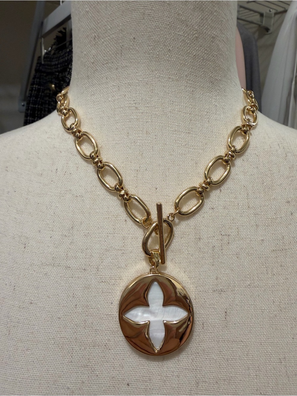 Camila Coelho 16” Gold-Tone Mother of Pearl Clover Medallion Toggle Necklace